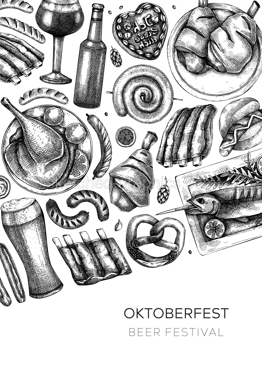 Oktoberfest background. German food and drinks menu. Vector meat dishes sketches. German cuisine frame. Beer festival black and white illustration in sketched style. Oktoberfest party design. Illustration